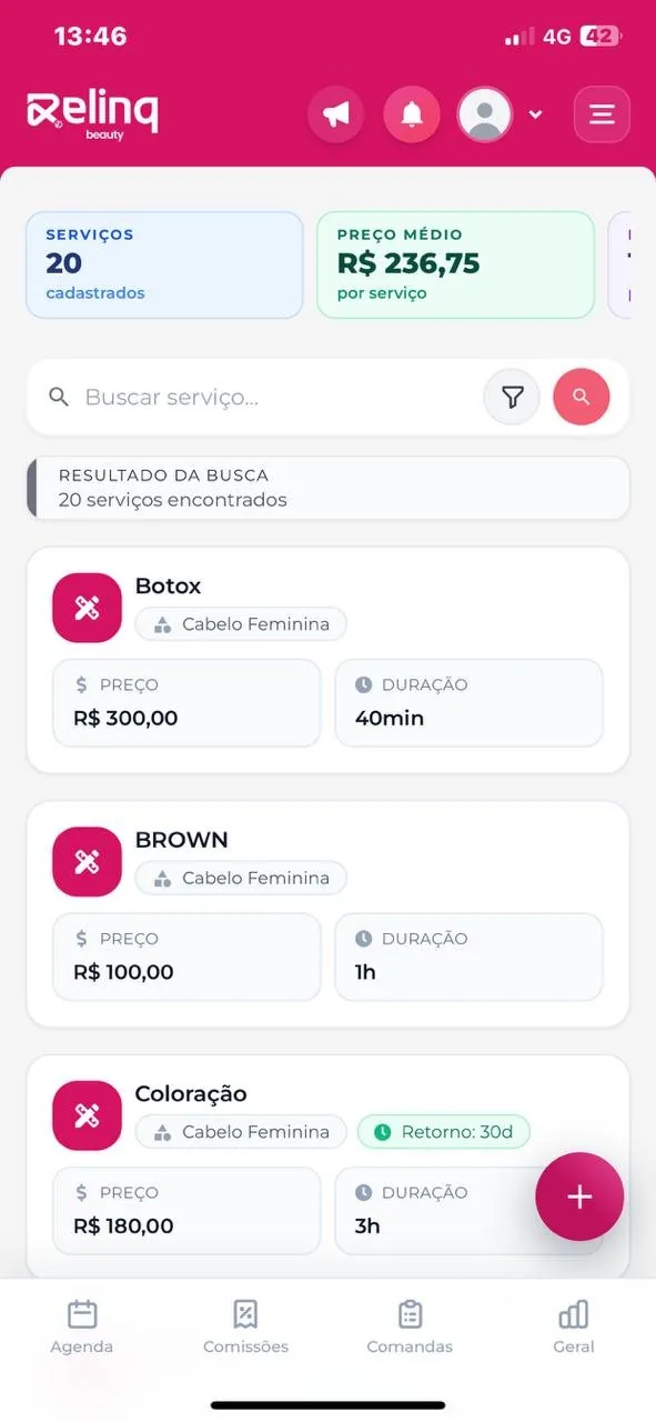 Tela de cadastro de serviços com nome, duração e preço